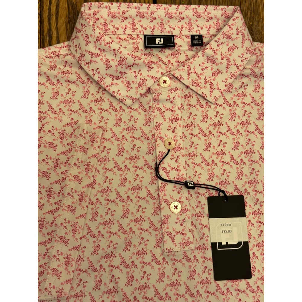 FootJoy Vintage Floral Golf Polo Shirt Mens Med Pink White Performance Lisle NWT